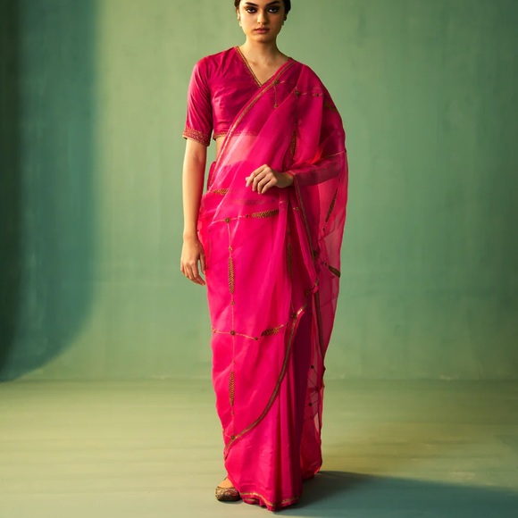 Designers Originals Other - New designer Indian Magenta silk with organza with golden hand embroidered Saree